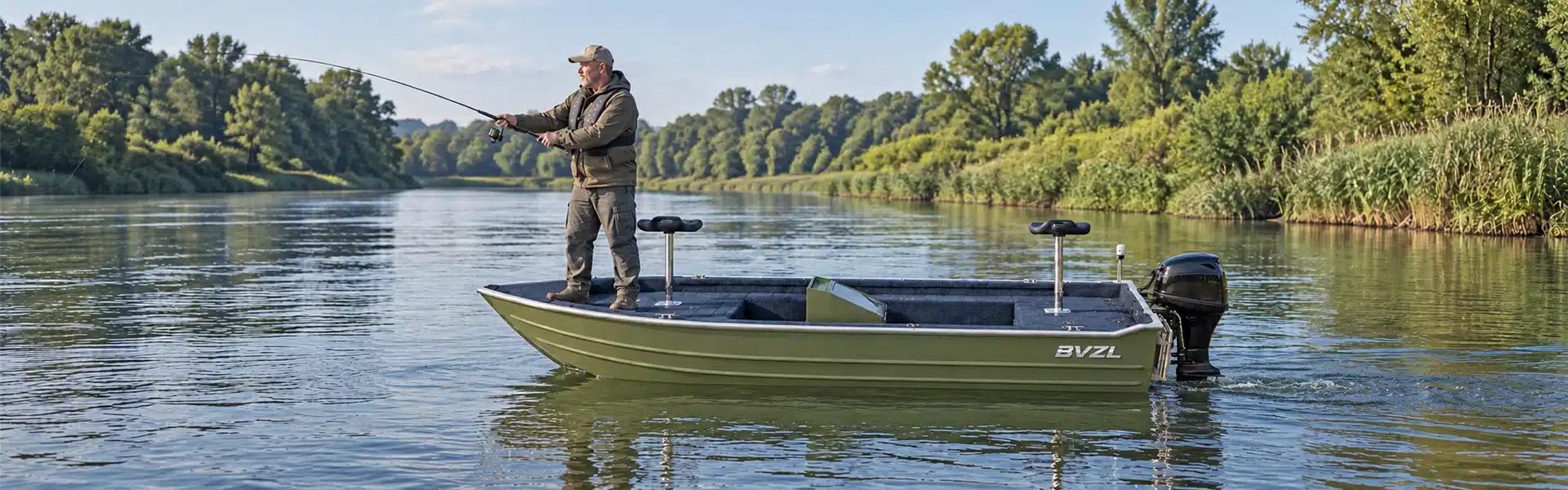 Utility Skiff with outboard engine on a river fishing trip